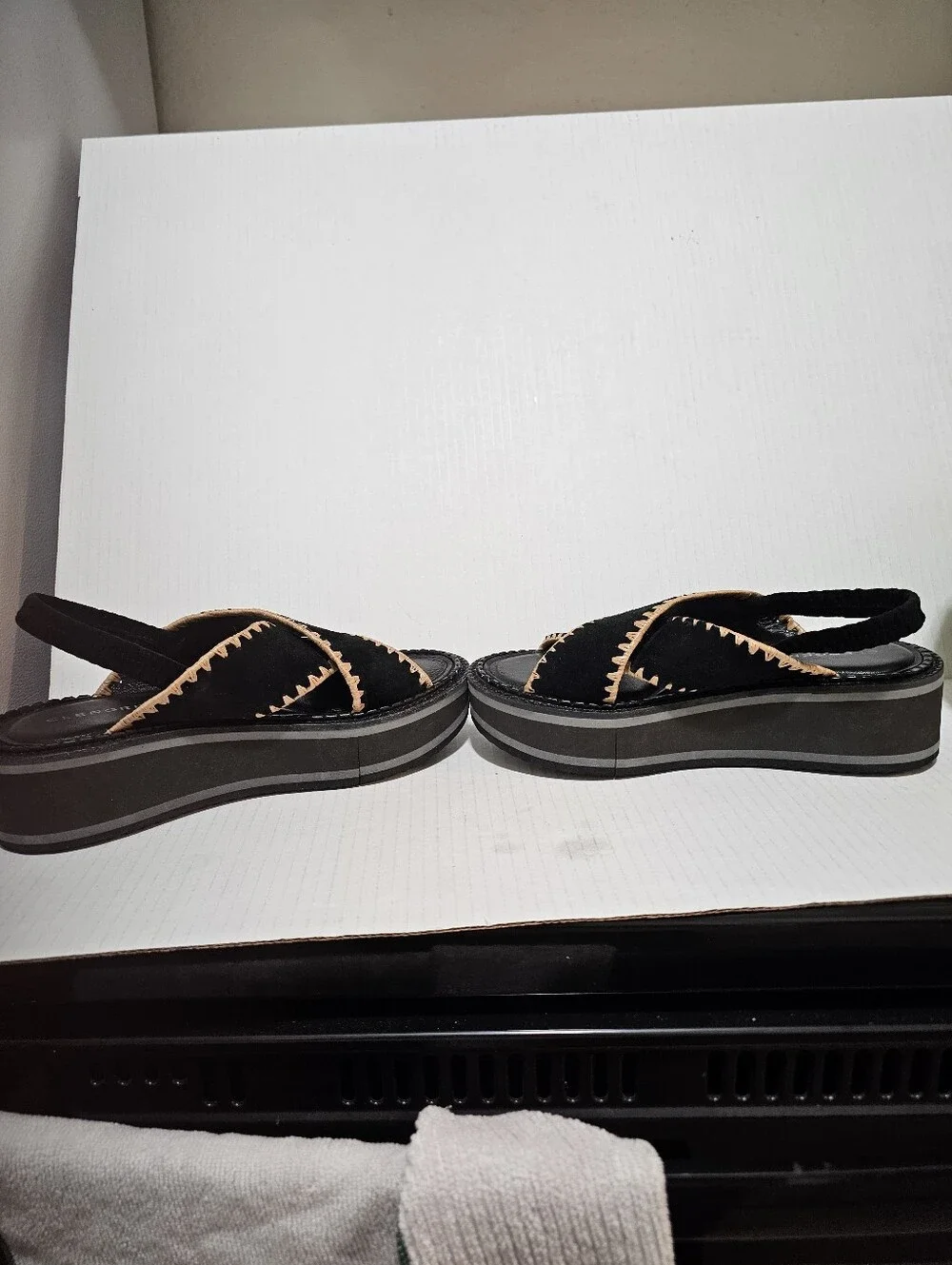 Clergerie Paris Freedom Black Suede Platform Slingback Sandals Whipstitch Sz 37